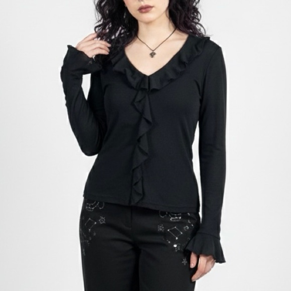 VINTAGE Y2K Faded Glory Black Sheer Ruffle Top Whimsigoth Fairygoth M